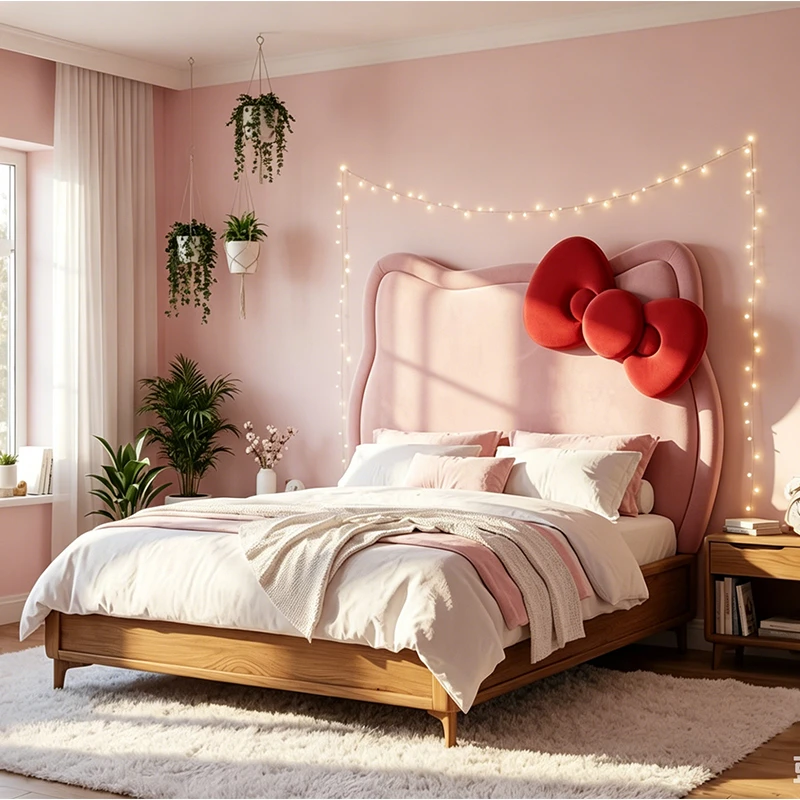 Modern Wooden Hello Kitty Upholstered Bed, Girls' Eco-Friendly Daybed with Storage for Kids Bedroom