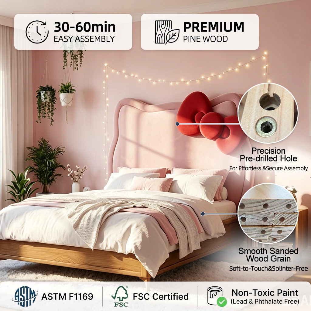 Modern Wooden Hello Kitty Upholstered Bed, Girls' Eco-Friendly Daybed with Storage for Kids Bedroom