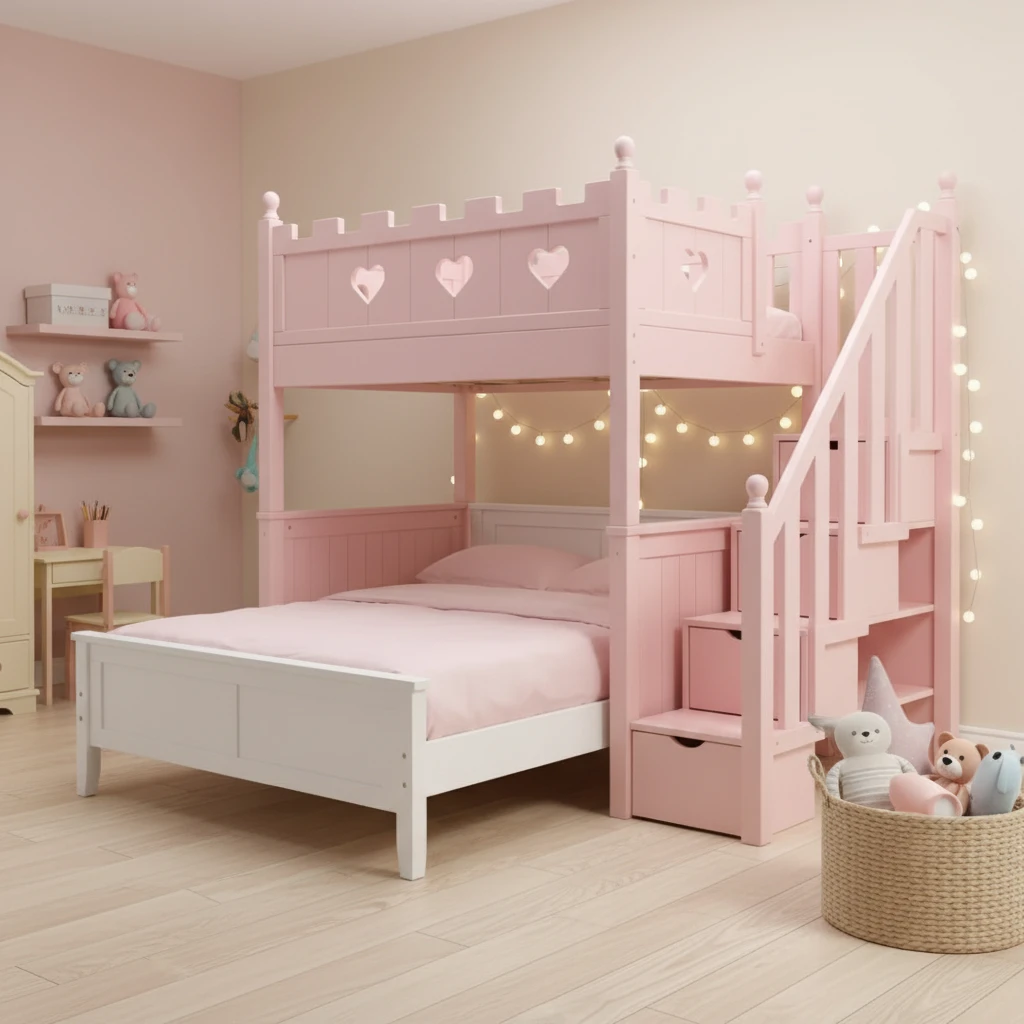 Pink Princess Castle Solid Wood Bunk Bed with Storage Stairs, Space-Saving Fairy Tale Bed for Girls