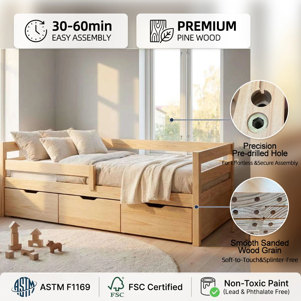 Modern Eco-Friendly Solid Wood Daybed with Drawers, Stylish Kids Camas Bed