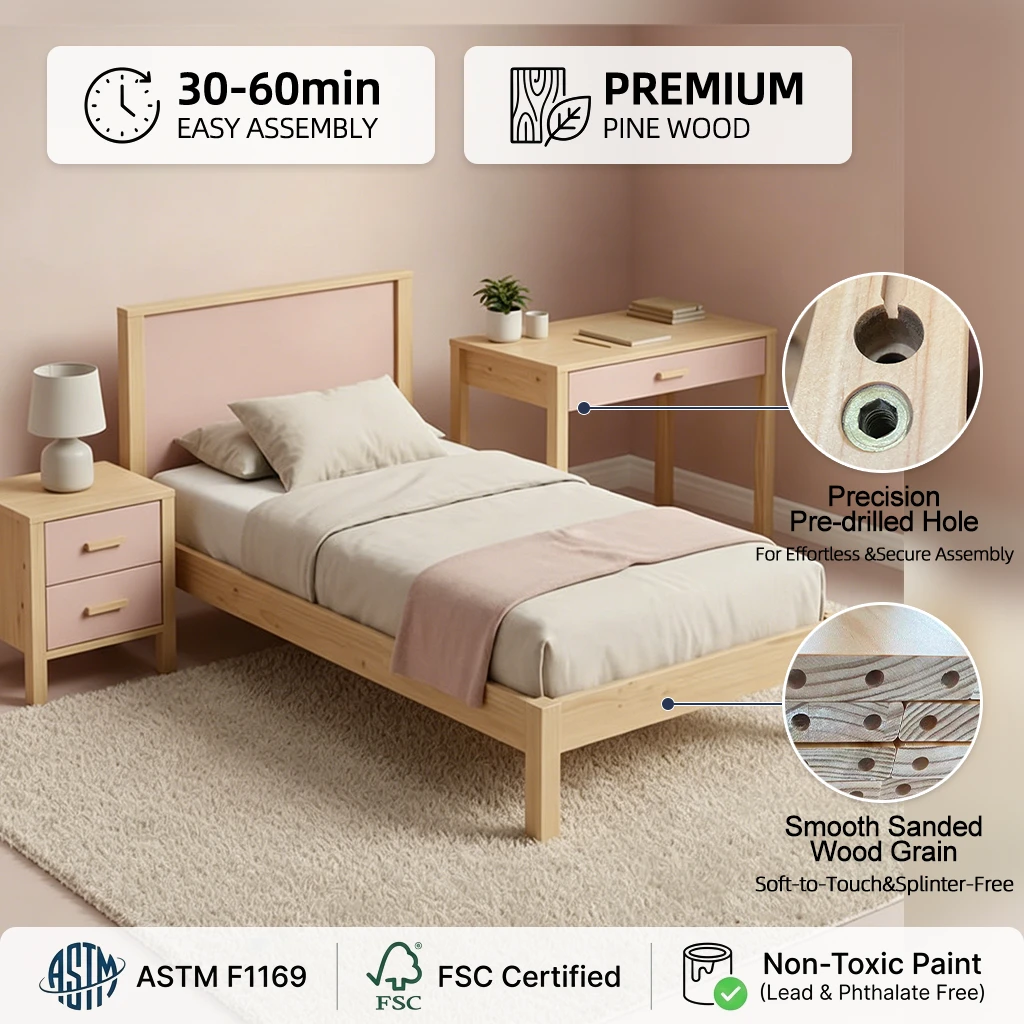 Solid Wood Pink Bedroom Furniture Set Including Kids Bed & Study Desk, Modern Eco-Friendly Safe Furn