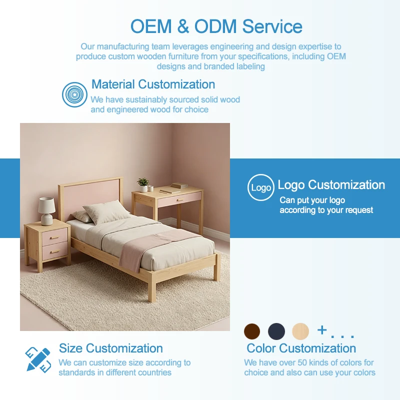 Solid Wood Pink Bedroom Furniture Set Including Kids Bed & Study Desk, Modern Eco-Friendly Safe Furn