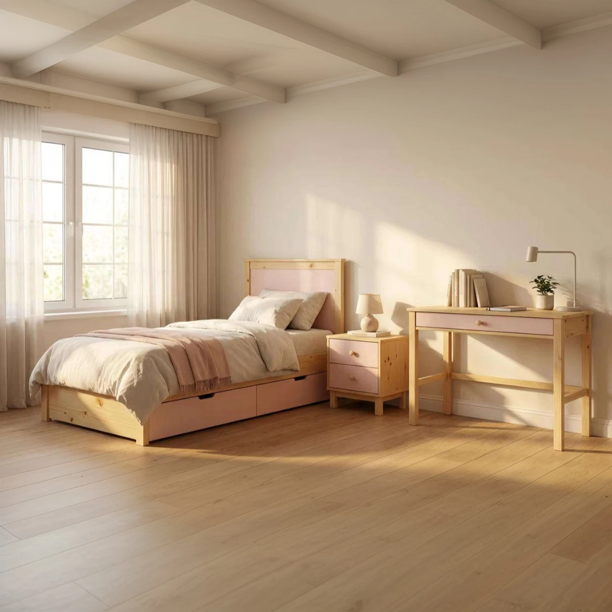 Solid Wood Pink Bedroom Furniture Set Including Kids Bed & Study Desk, Modern Eco-Friendly Safe Furn