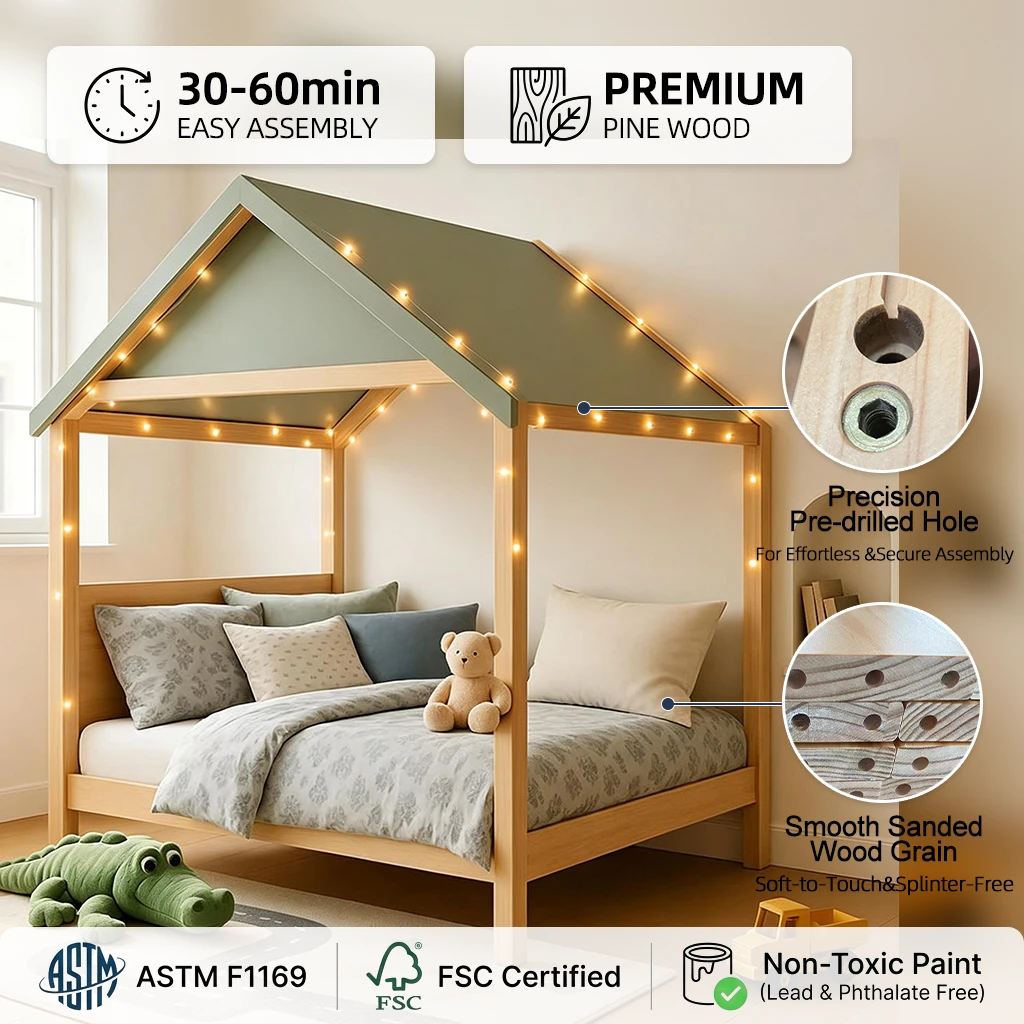 Modern House-Shaped Bed for Kids, Solid Pine Wood Frame with Roof, Natural Finish & Eco-Friendly Mat