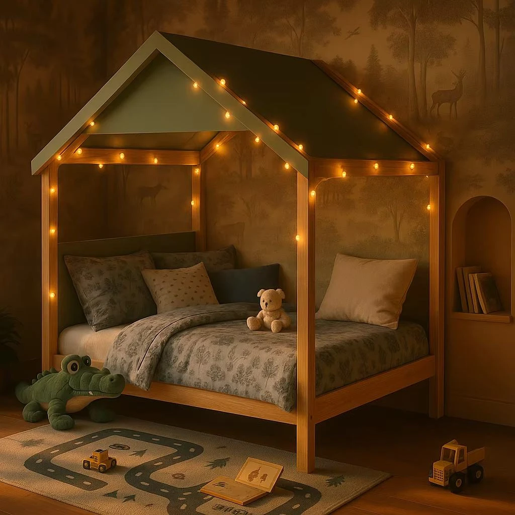 Modern House-Shaped Bed for Kids, Solid Pine Wood Frame with Roof, Natural Finish & Eco-Friendly Mat