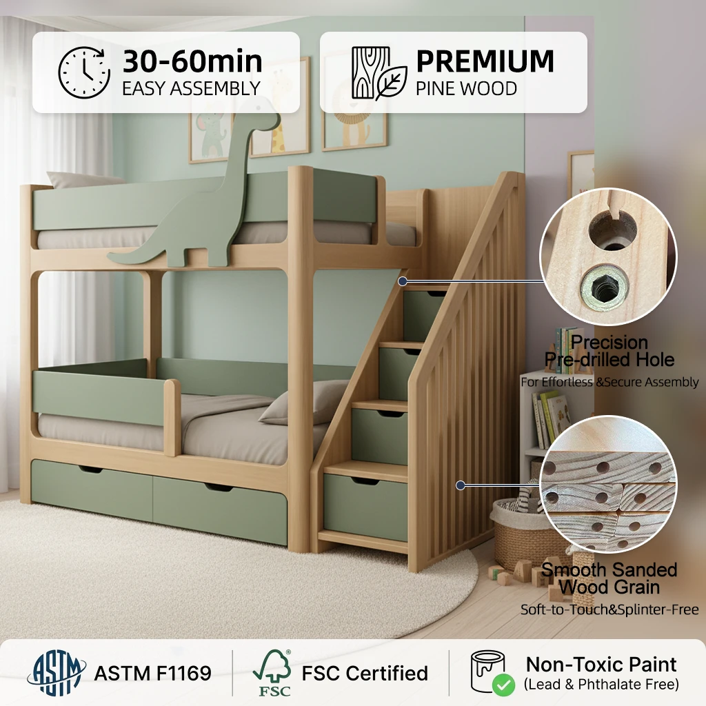 Solid Wood Dinosaur Themed Bunk Bed for Kids, Modern Bed with Slide & Storage, Eco-Friendly Design f