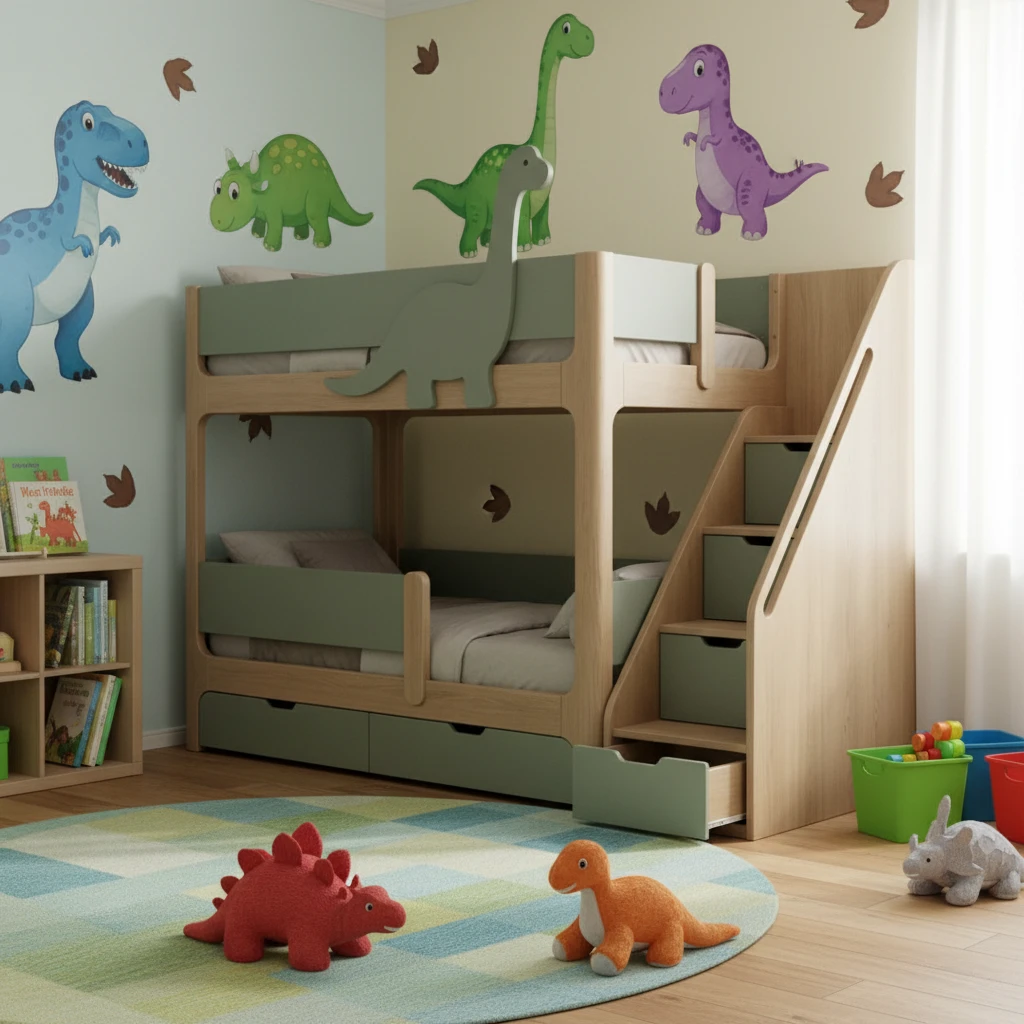 Solid Wood Dinosaur Themed Bunk Bed for Kids, Modern Bed with Slide & Storage, Eco-Friendly Design f
