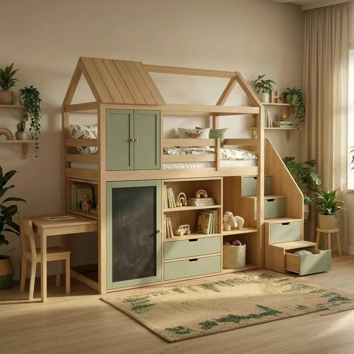 SR Brand Eco-Friendly Olive Green Wooden Kids Bunk Bed, Modern Multi-Function House Shaped Bed with