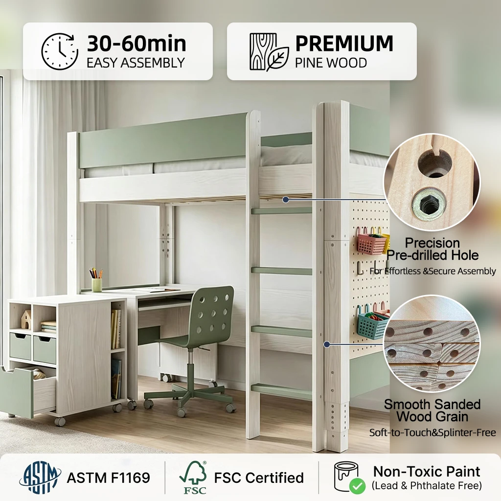 Modern Simple Solid Wood Kids Bunk Bed with Integrated Desk, Eco-Friendly High-End Multi-Functional