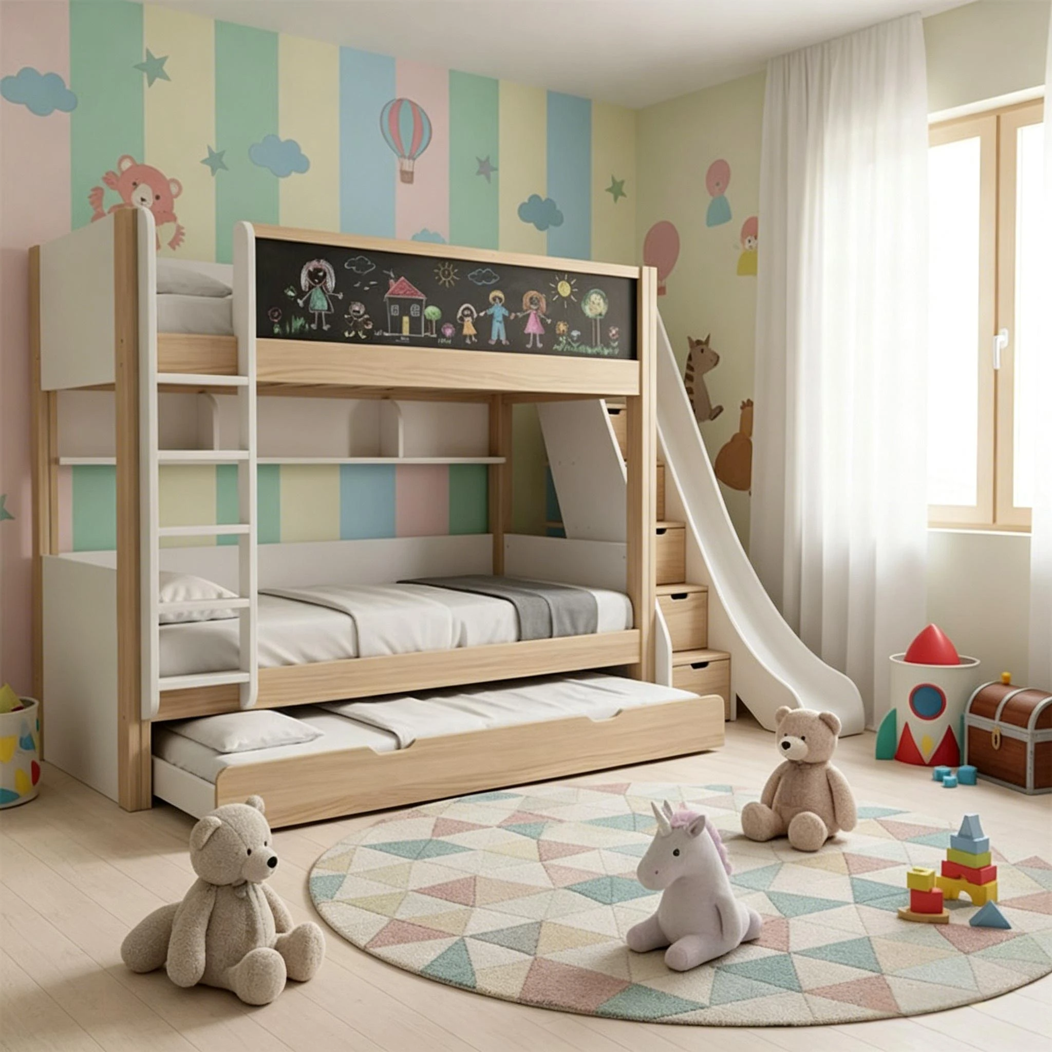Modern Double Deck Kids Bunk Bed with Slide & Guardrail, Children Bedroom Wooden Bed Frame