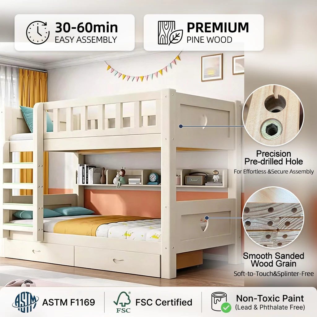 Modern Solid Wood Kids High Low Bunk Bed, Thick Two-Tier Mother and Child Double Bed Frame
