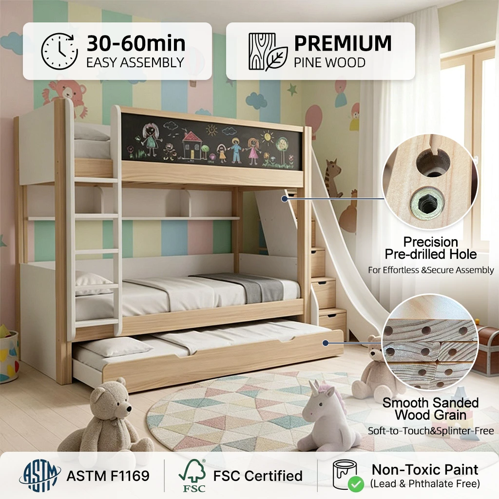 Modern Double Deck Kids Bunk Bed with Slide & Guardrail, Children Bedroom Wooden Bed Frame