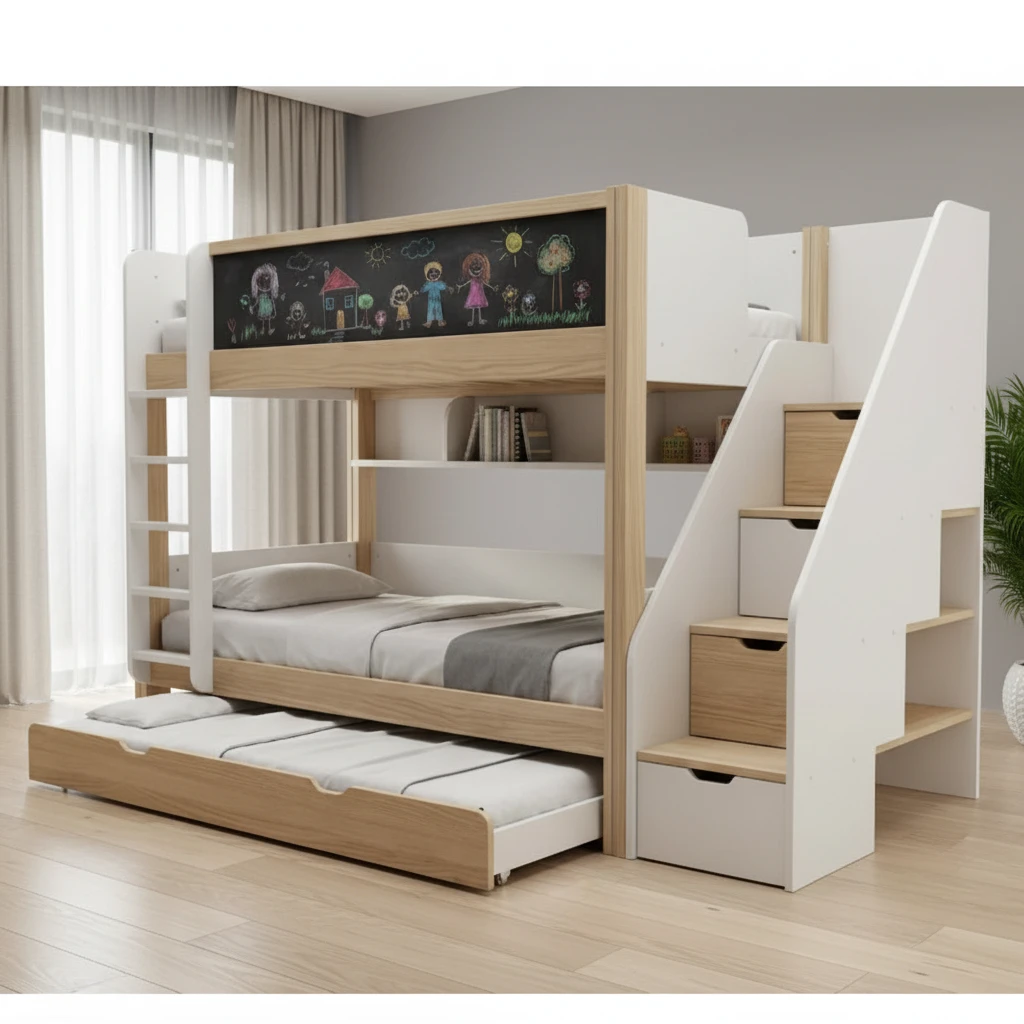 Modern Double Deck Kids Bunk Bed with Slide & Guardrail, Children Bedroom Wooden Bed Frame