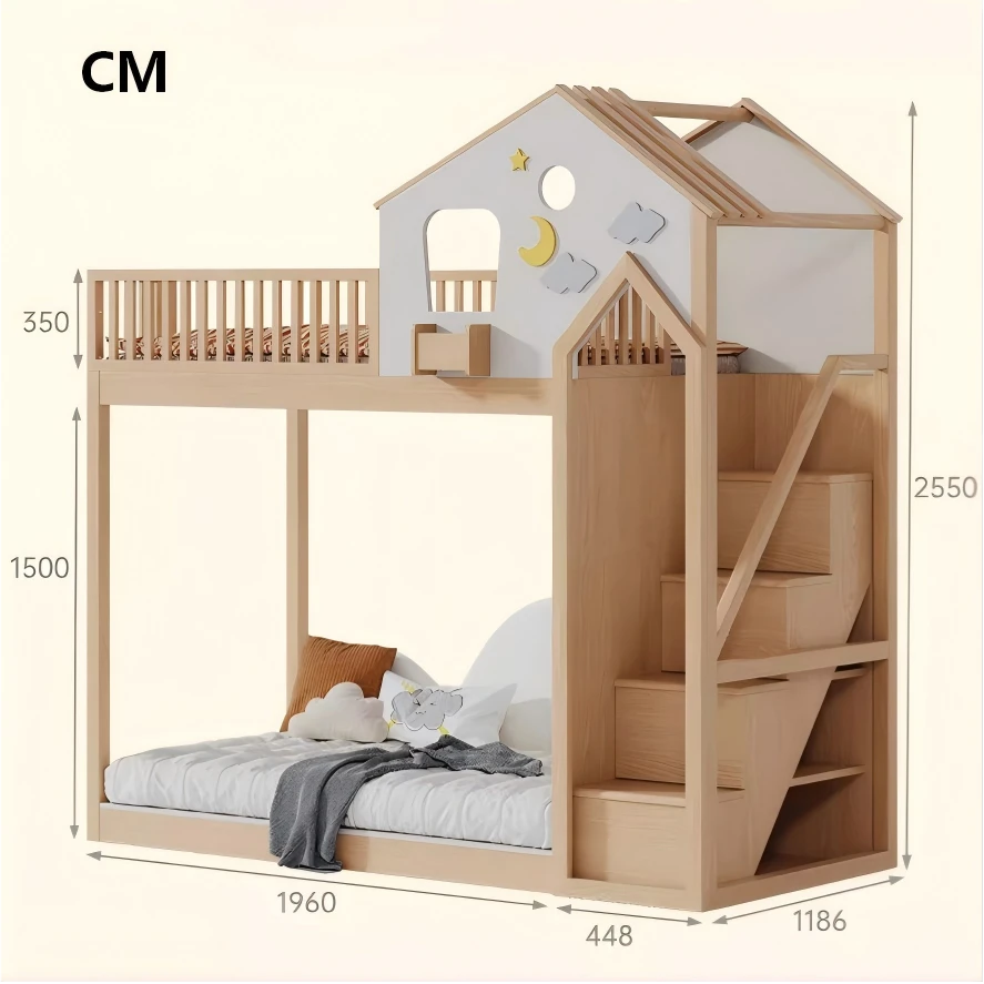 Multifunctional Elevated Mother Child Double Bed, Modern Solid Wood Cloud Tree House Bed Equipped wi