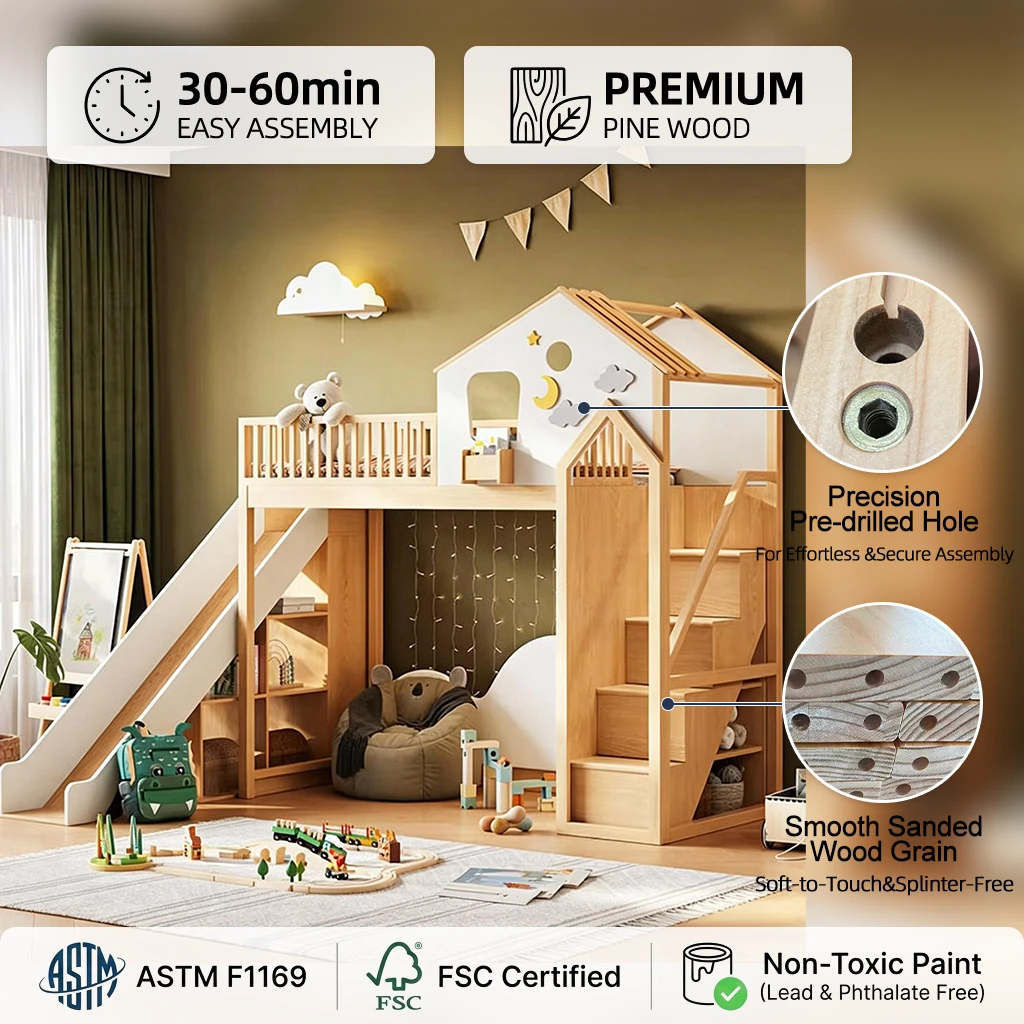 Multifunctional Elevated Mother Child Double Bed, Modern Solid Wood Cloud Tree House Bed Equipped wi