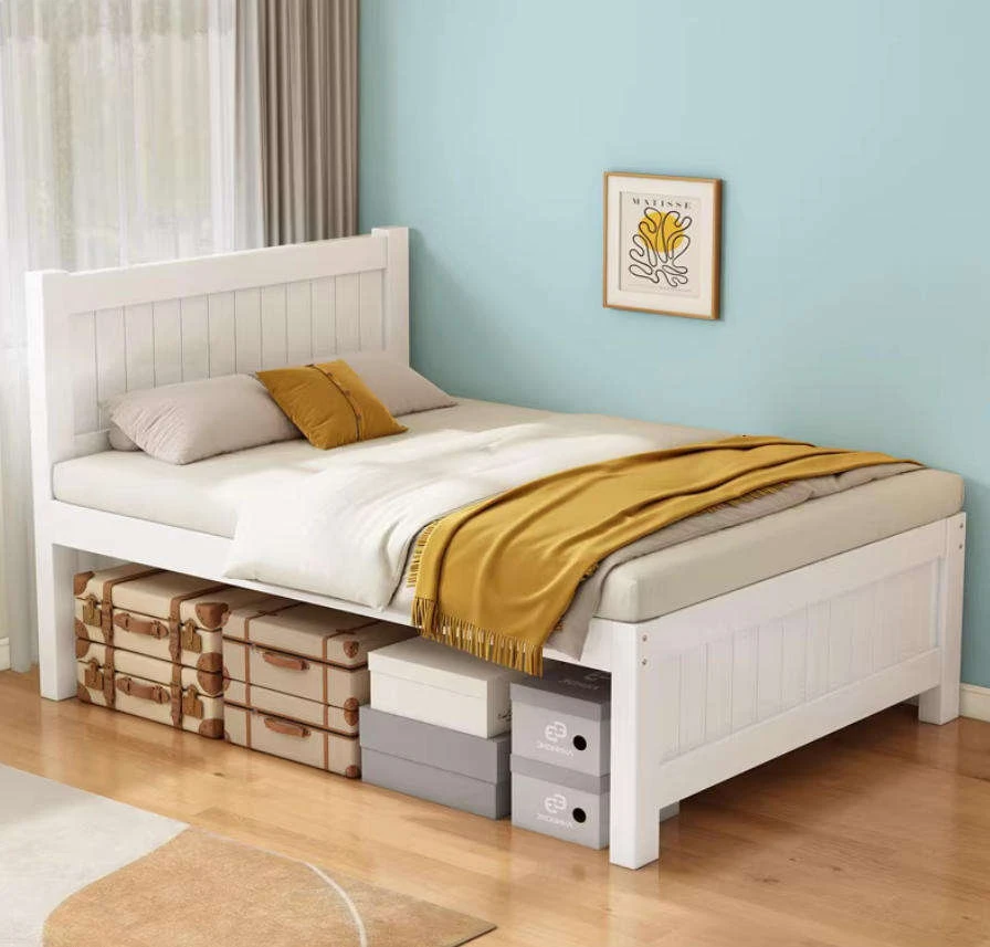 Modern Solid Pine Elevated Storage Bed Frame, Single & Double Size Kids Bed for Rental Bedrooms, Mad