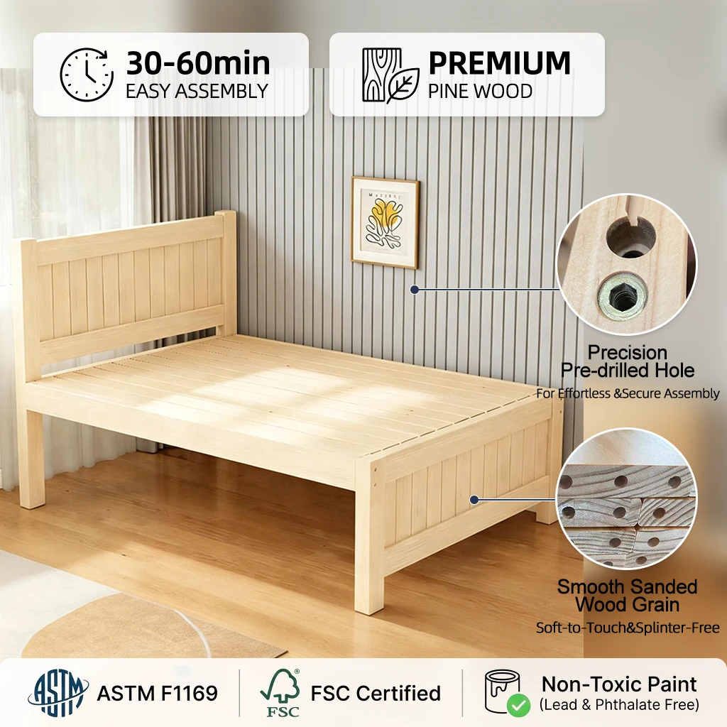 Modern Solid Pine Elevated Storage Bed Frame, Single & Double Size Kids Bed for Rental Bedrooms, Mad