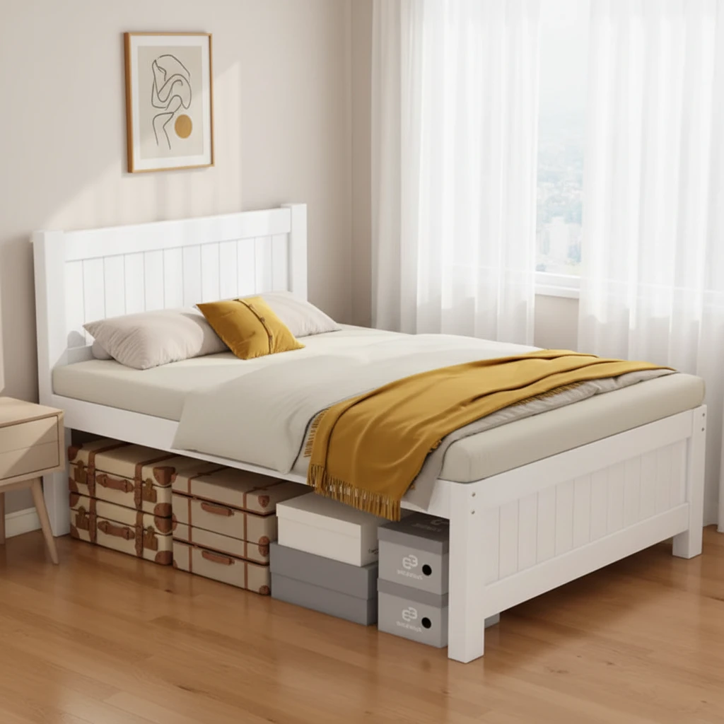 Modern Solid Pine Elevated Storage Bed Frame, Single & Double Size Kids Bed for Rental Bedrooms, Mad