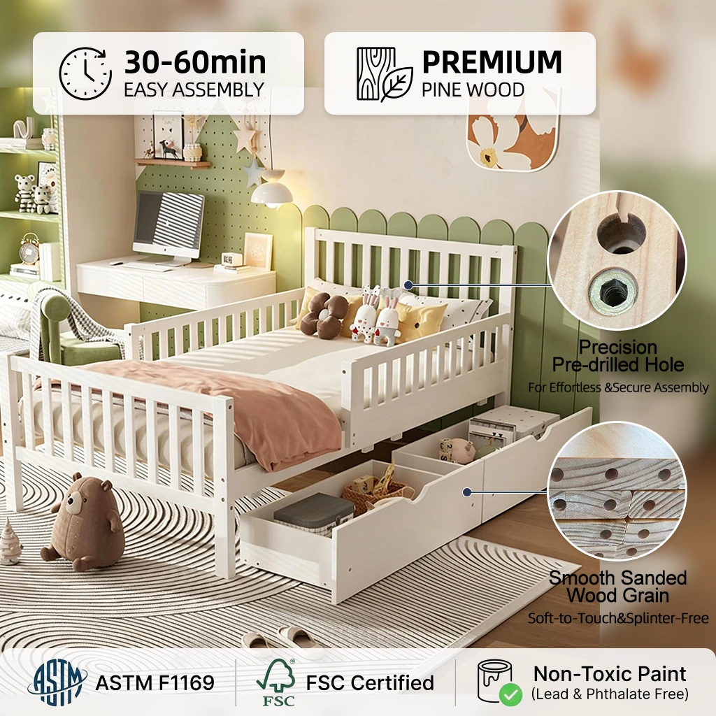 Modern Solid Wood Kids Platform Bed Frame with 3 Under-bed Storage Drawers & Safety Guardrails, Twin