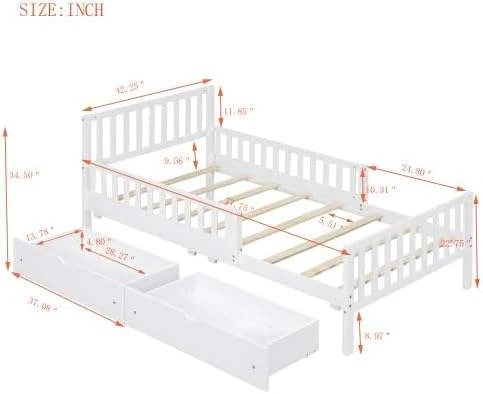 Modern Solid Wood Kids Platform Bed Frame with 3 Under-bed Storage Drawers & Safety Guardrails, Twin