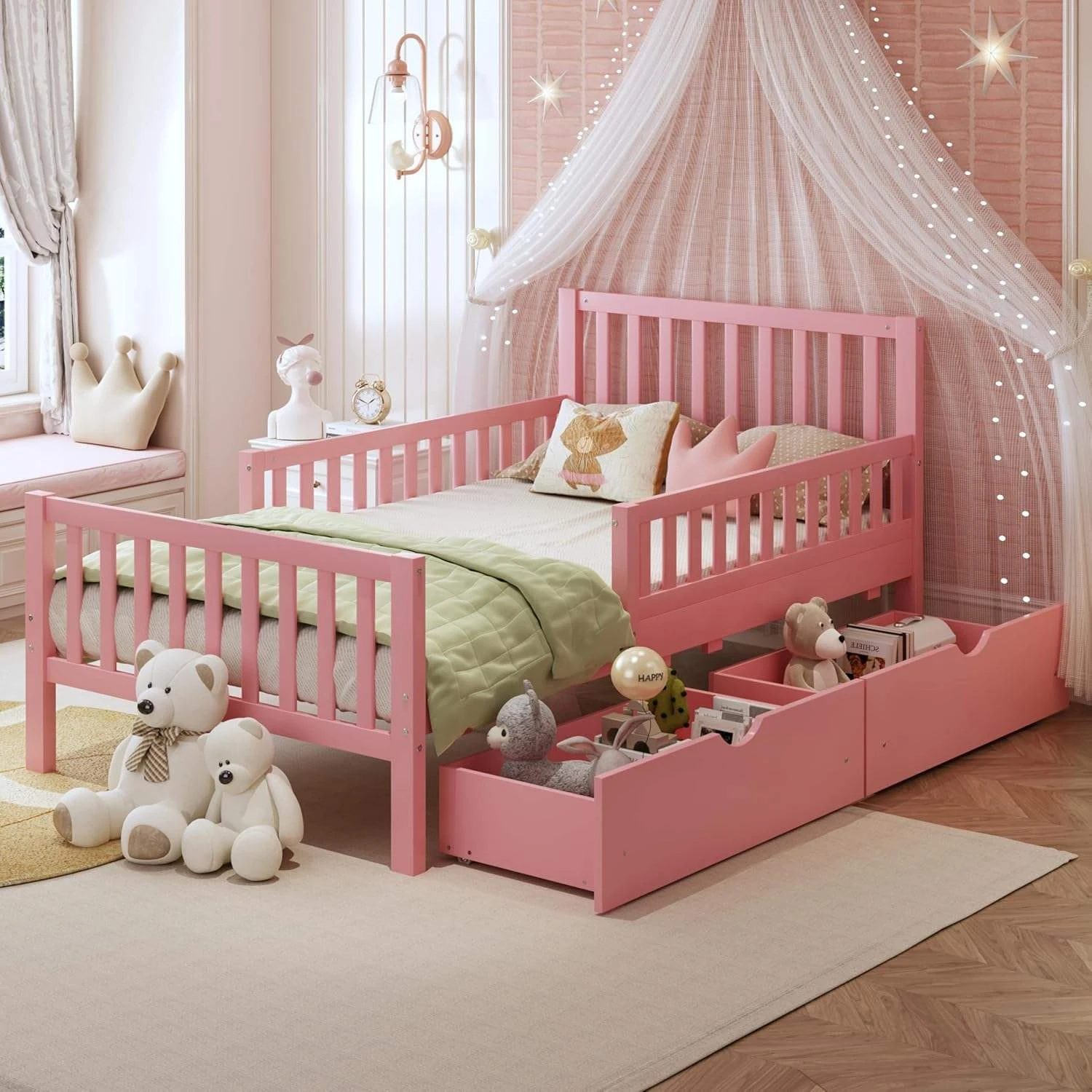 Modern Solid Wood Kids Platform Bed Frame with 3 Under-bed Storage Drawers & Safety Guardrails, Twin
