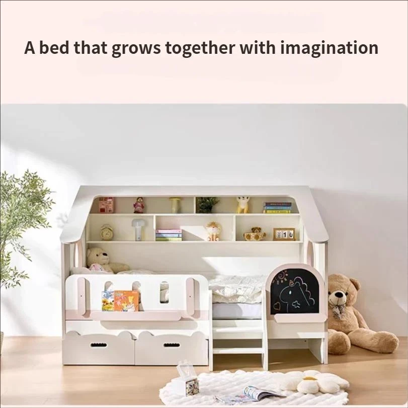 Modern Kids House Bed with Storage Drawers & Built-in Bookshelf, Montessori Floor Bed for Toddlers w