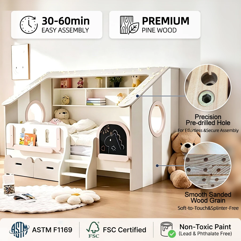 Modern Kids House Bed with Storage Drawers & Built-in Bookshelf, Montessori Floor Bed for Toddlers w