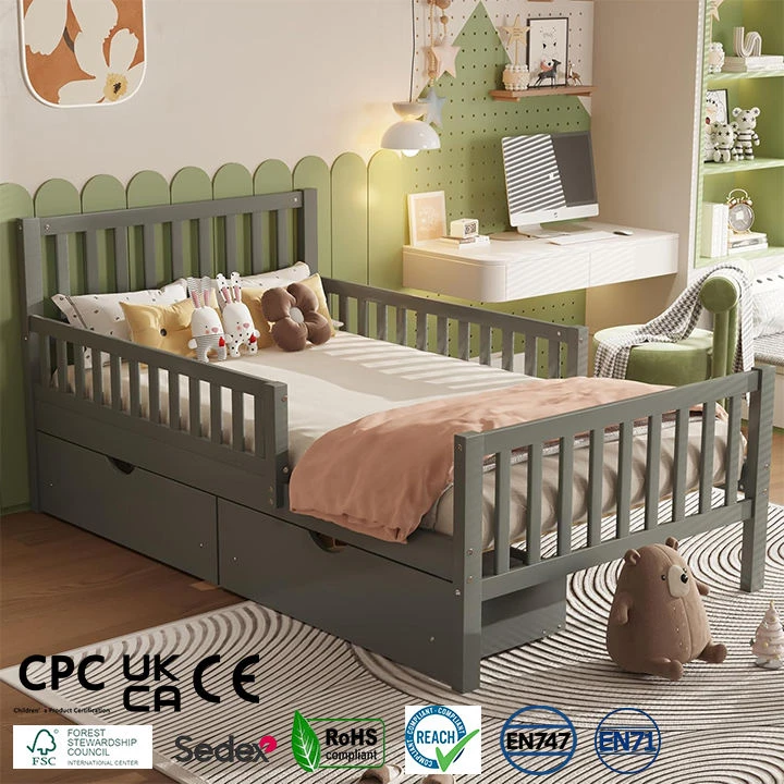 Modern Solid Wood Kids Platform Bed Frame with 3 Under-bed Storage Drawers & Safety Guardrails, Twin