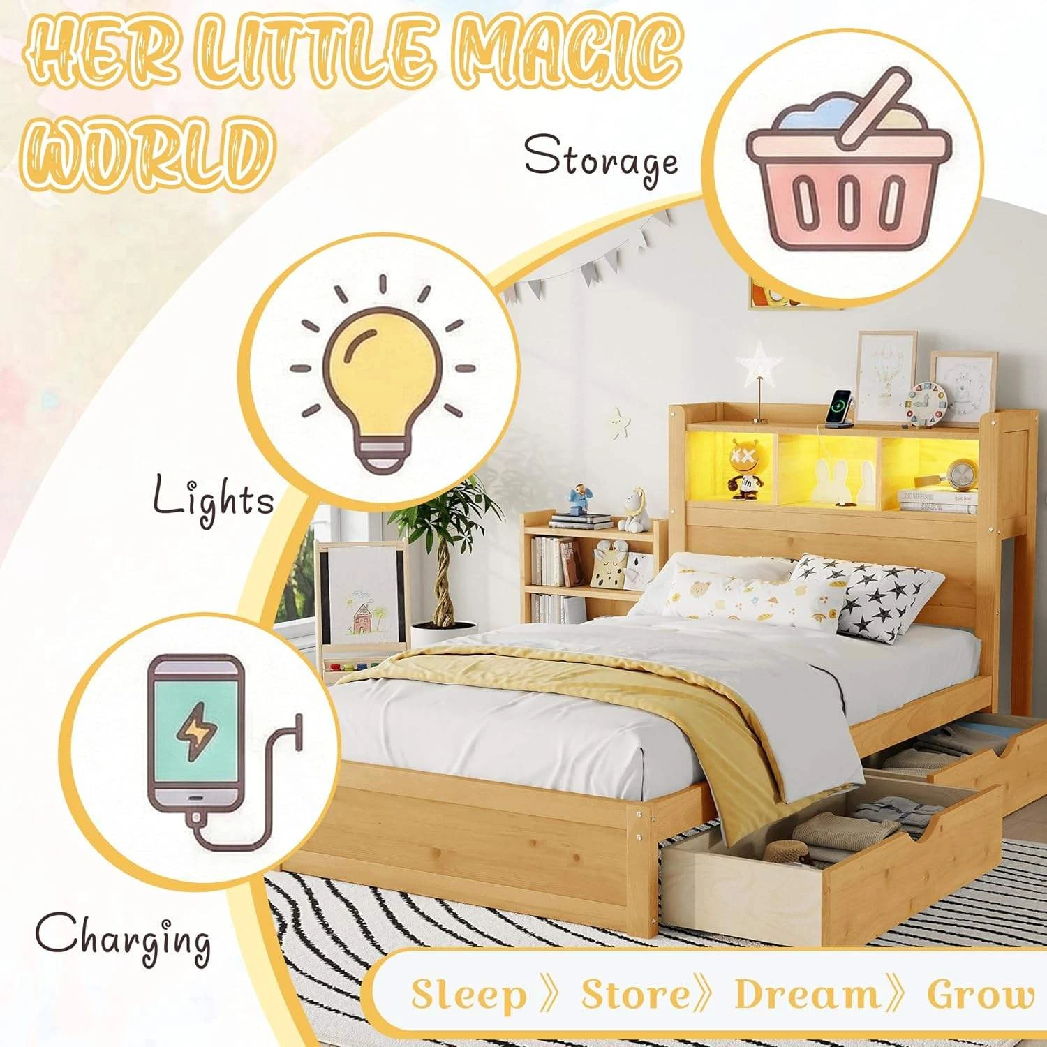 Modern Solid Wood Kids Bed with LED Light Headboard Storage & 3 Side Drawers, Twin Size Children's P