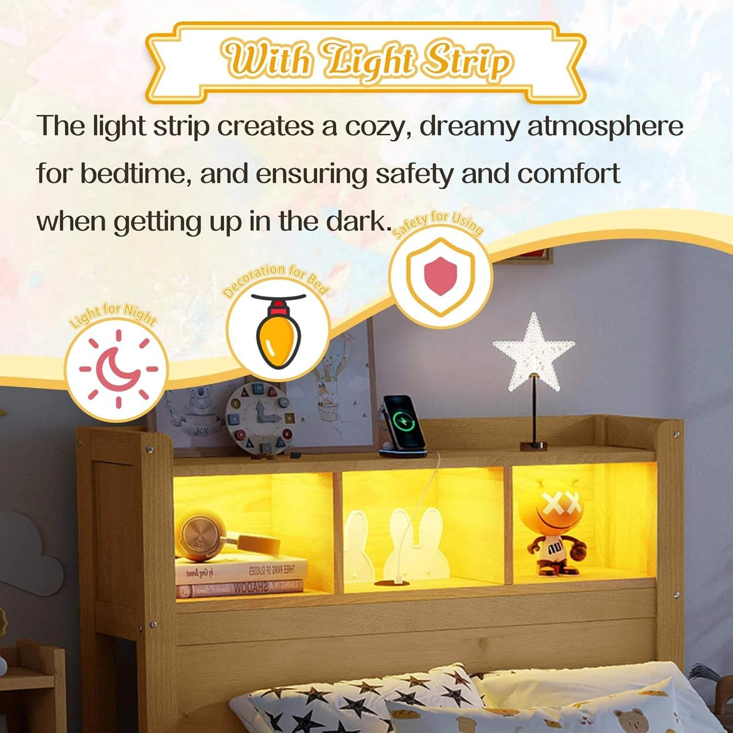 Modern Solid Wood Kids Bed with LED Light Headboard Storage & 3 Side Drawers, Twin Size Children's P