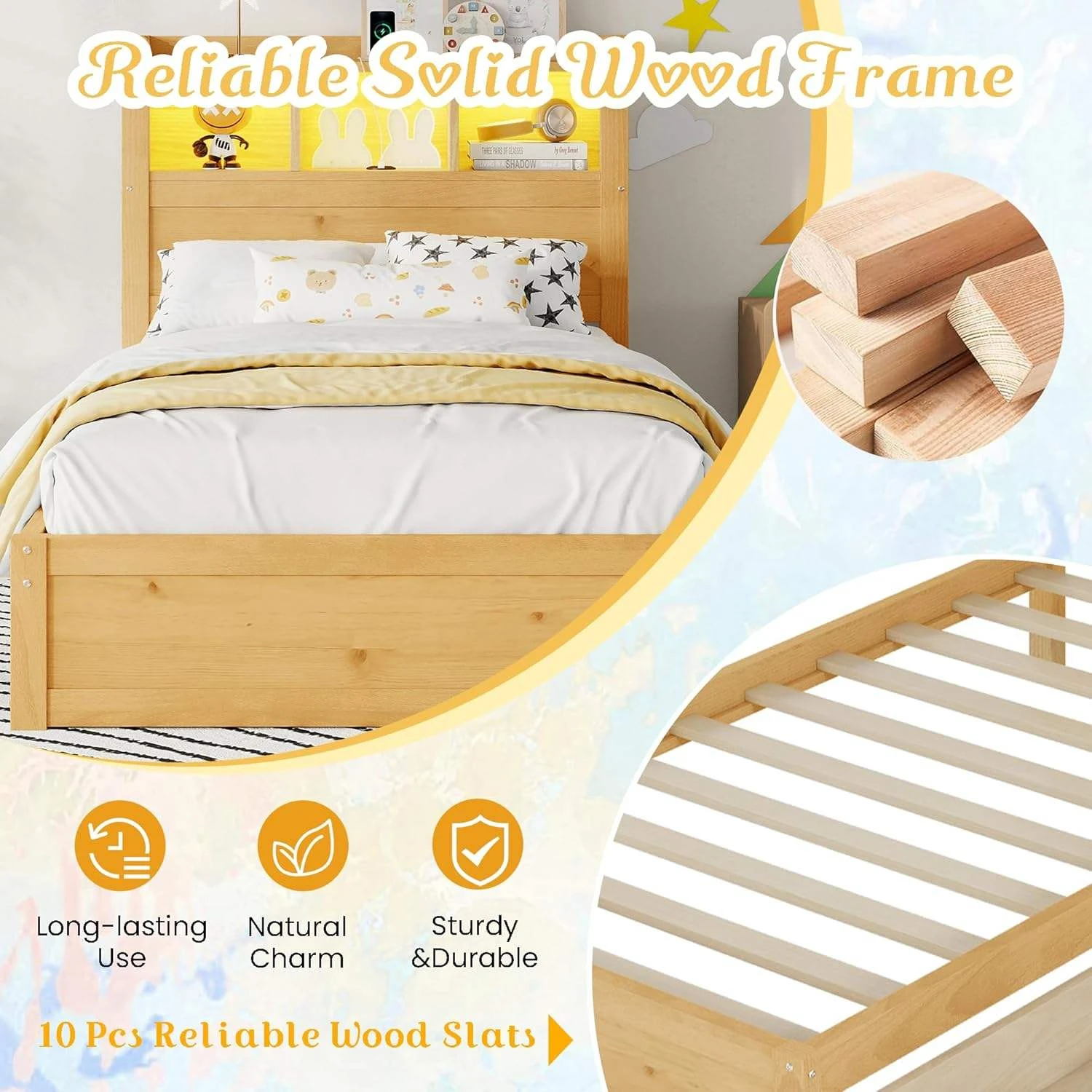 Modern Solid Wood Kids Bed with LED Light Headboard Storage & 3 Side Drawers, Twin Size Children's P