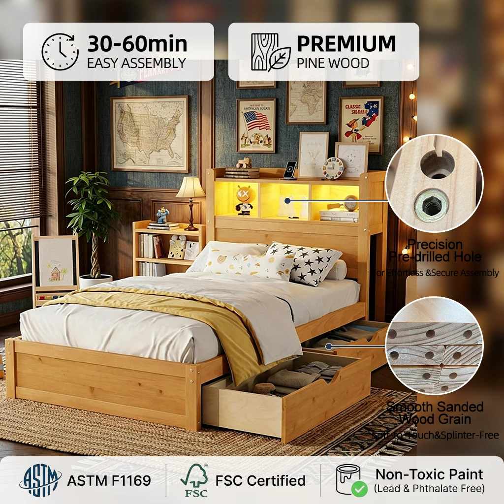 Modern Solid Wood Kids Bed with LED Light Headboard Storage & 3 Side Drawers, Twin Size Children's P