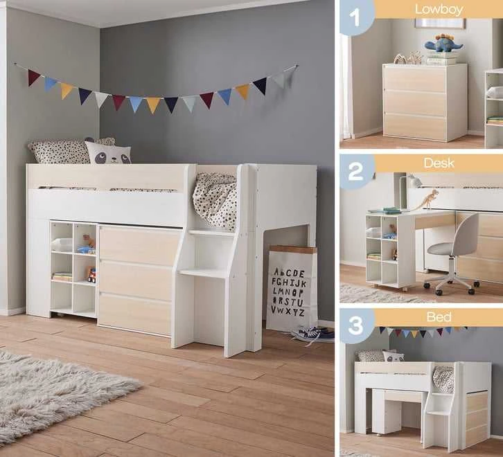 Modern Multifunctional Kids Loft Bed with Integrated Desk, Bookshelf & 3 Drawers, Space-Saving Twin