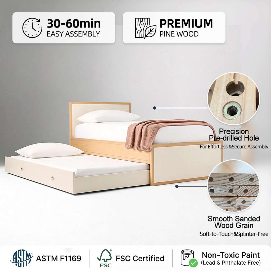 Modern Twin Size Platform Bed with Pull-Out Trundle, Minimalist Wooden Bed Frame for Kids & Guest Ro
