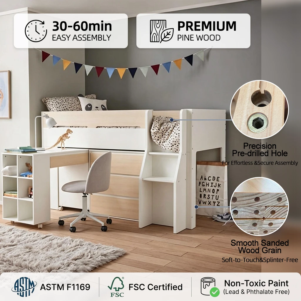 Modern Multifunctional Kids Loft Bed with Integrated Desk, Bookshelf & 3 Drawers, Space-Saving Twin