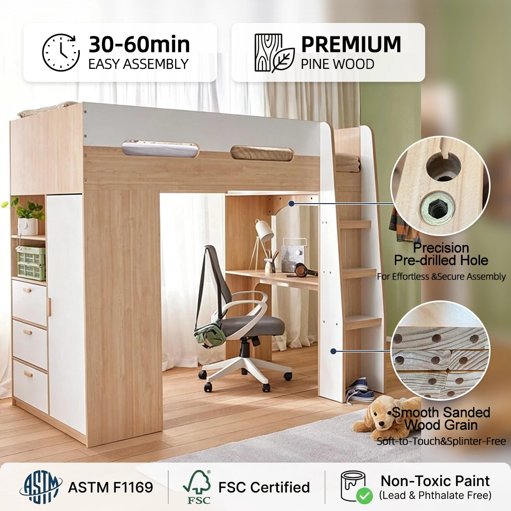 Modern Kids Loft Bed with Integrated Wardrobe, Built-in Desk & 3 Drawers, Twin Size High Sleeper wit