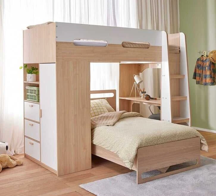 Modern Kids Loft Bed with Integrated Wardrobe, Built-in Desk & 3 Drawers, Twin Size High Sleeper wit