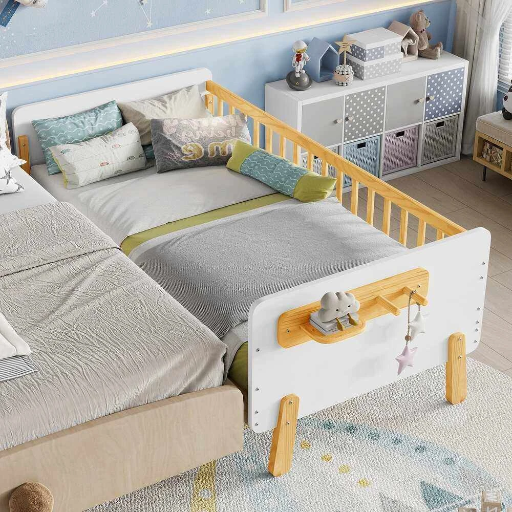 Modern Kids Solid Wood Platform Bed with Safety Guardrails & Integrated Storage Shelf, Scandinavian