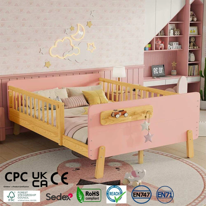 Modern Kids Solid Wood Platform Bed with Safety Guardrails & Integrated Storage Shelf, Scandinavian