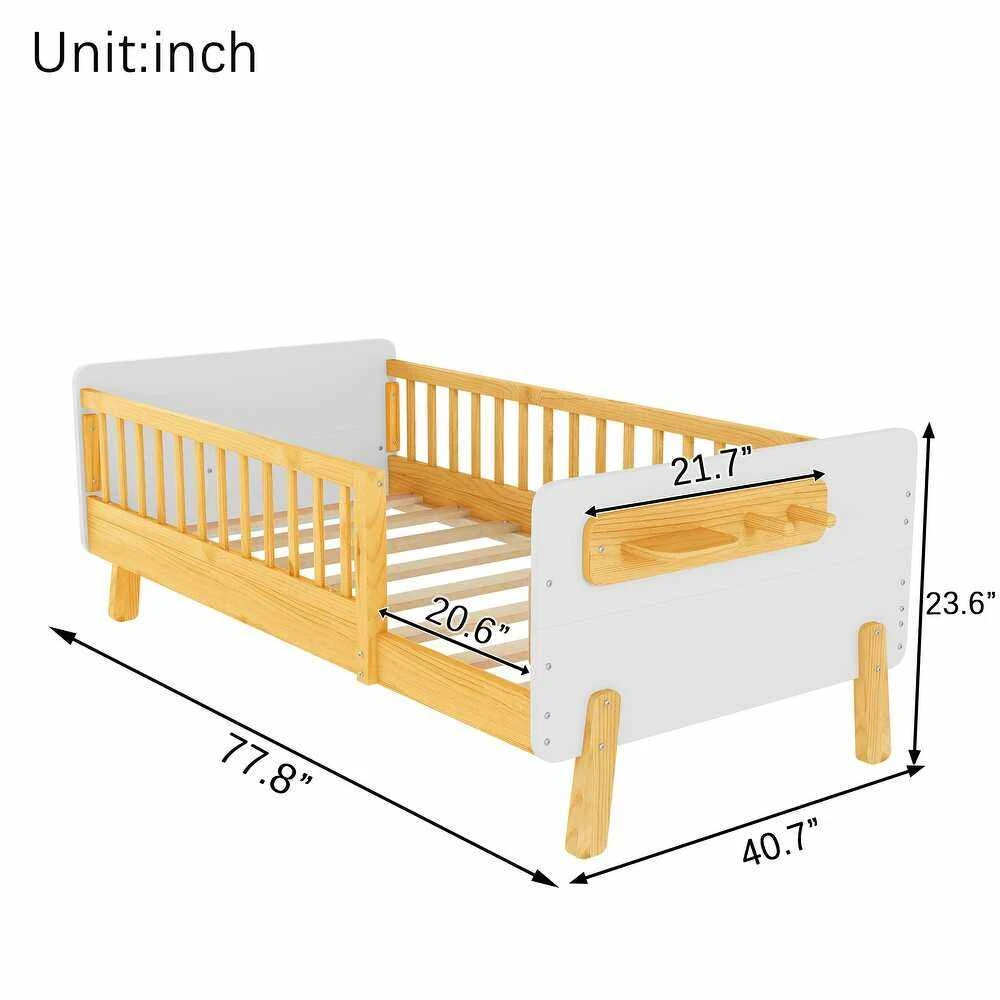 Modern Kids Solid Wood Platform Bed with Safety Guardrails & Integrated Storage Shelf, Scandinavian