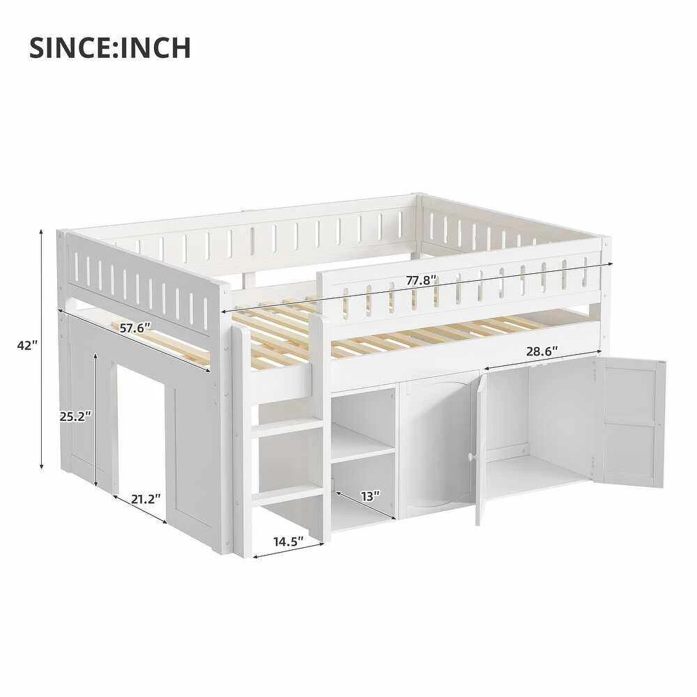 Solid Wood Kids Mid-Loft Bed with Integrated Storage Cabinet & Bookshelf, Children's High Sleeper wi