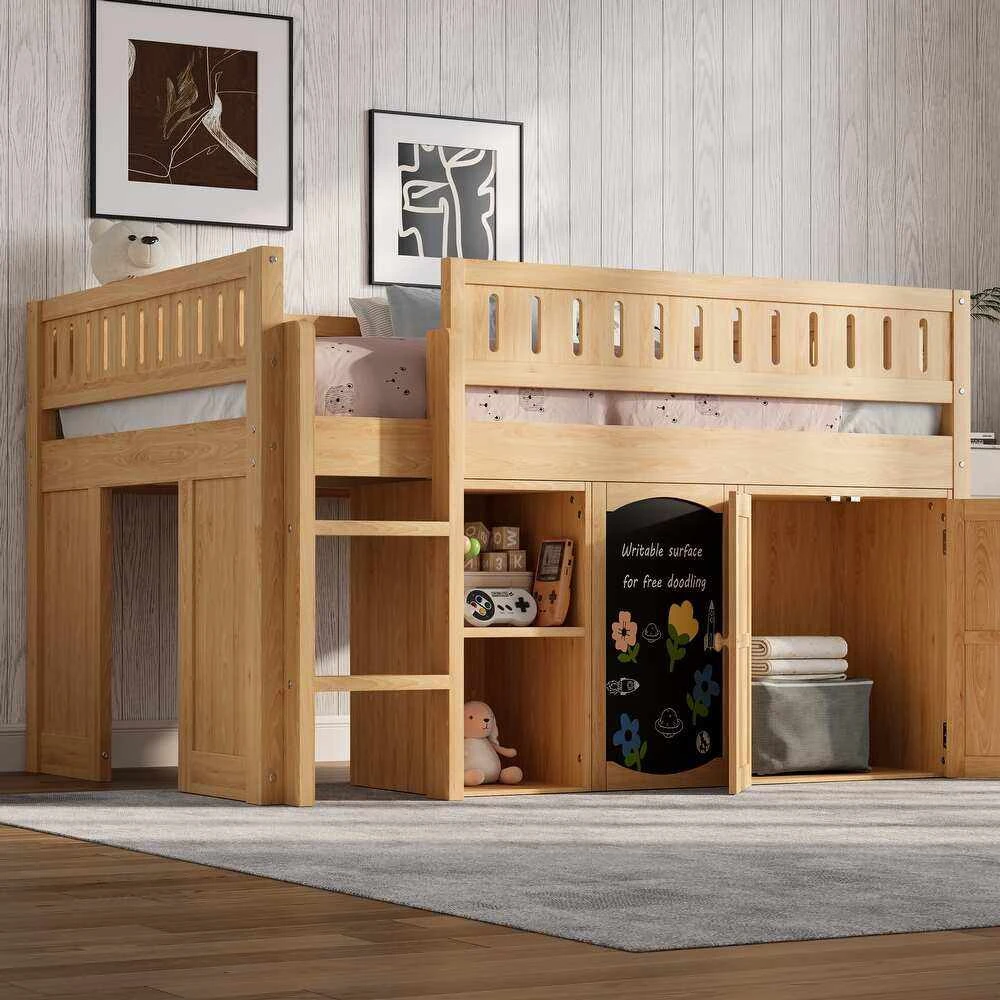 Solid Wood Kids Mid-Loft Bed with Integrated Storage Cabinet & Bookshelf, Children's High Sleeper wi
