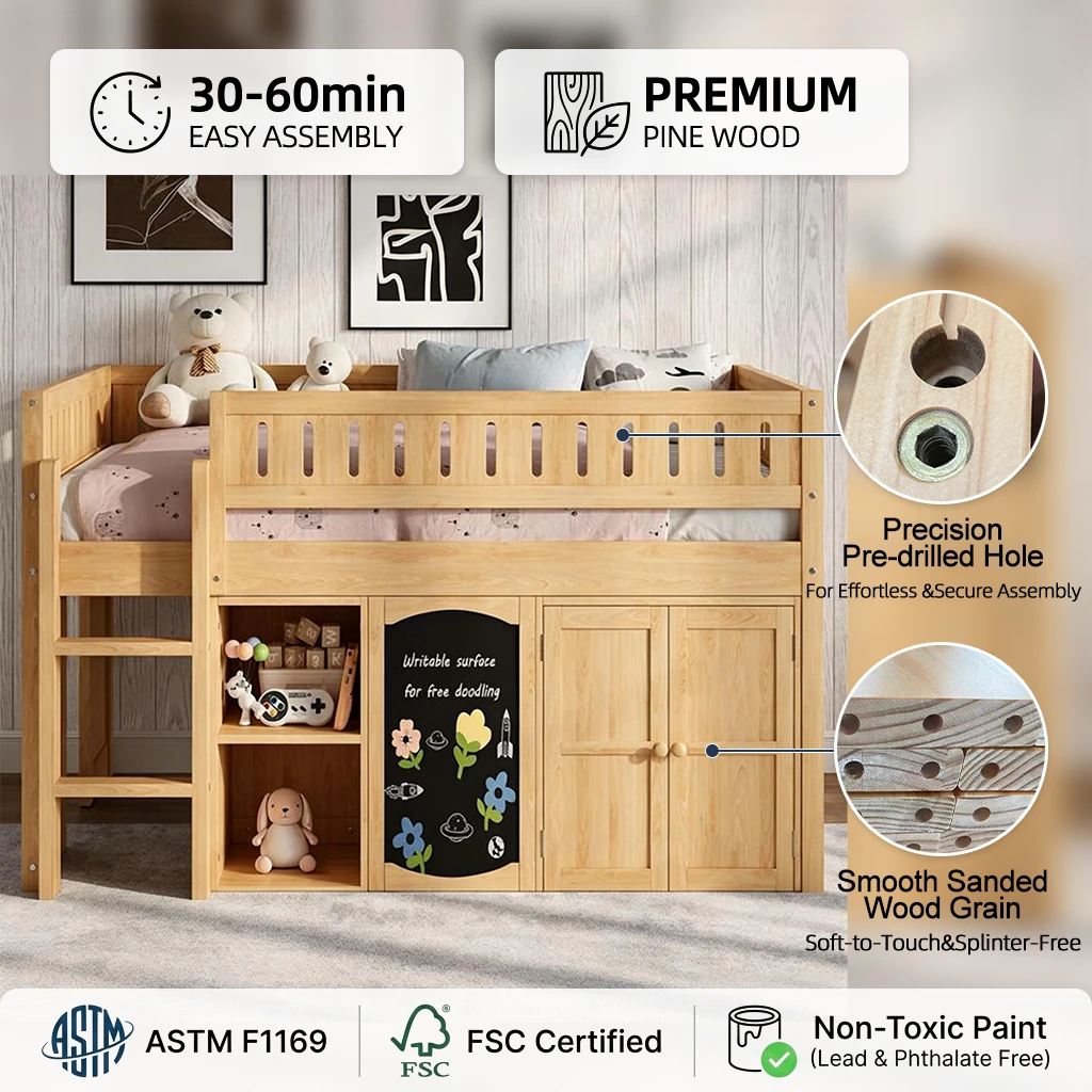 Solid Wood Kids Mid-Loft Bed with Integrated Storage Cabinet & Bookshelf, Children's High Sleeper wi