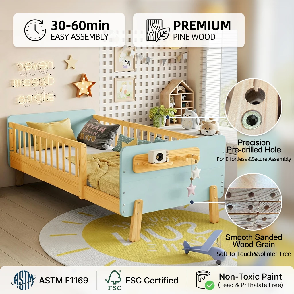 Modern Kids Solid Wood Platform Bed with Safety Guardrails & Integrated Storage Shelf, Scandinavian