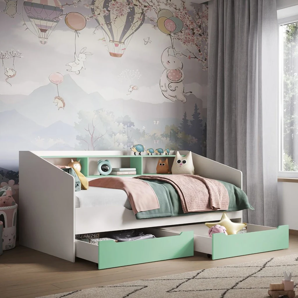 Modern Kids Daybed with Integrated Bookshelf & 2 Under-bed Storage Drawers, Space-Saving Twin Size P