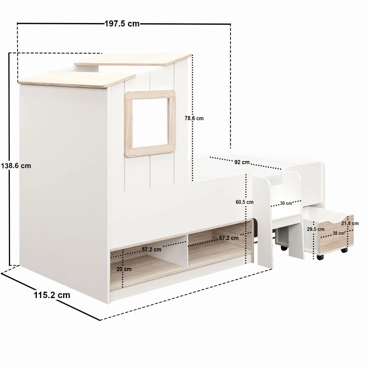 Modern Kids Cabin House Bed with Under-bed Storage Shelves & Rolling Drawer, Montessori-Inspired Mid