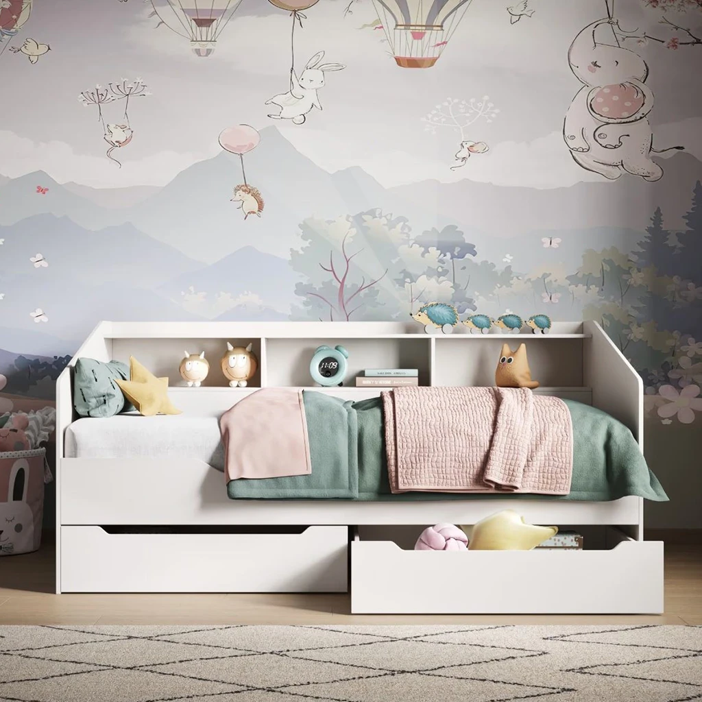 Modern Kids Daybed with Integrated Bookshelf & 2 Under-bed Storage Drawers, Space-Saving Twin Size P