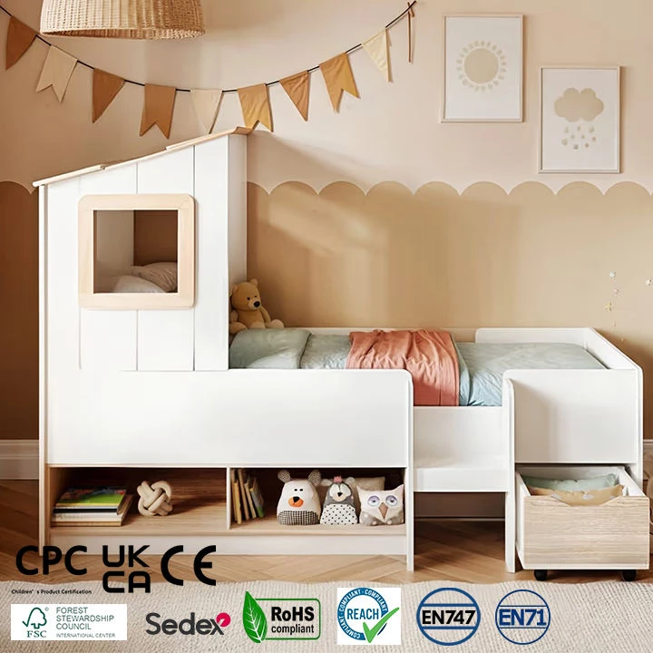 Modern Kids Cabin House Bed with Under-bed Storage Shelves & Rolling Drawer, Montessori-Inspired Mid