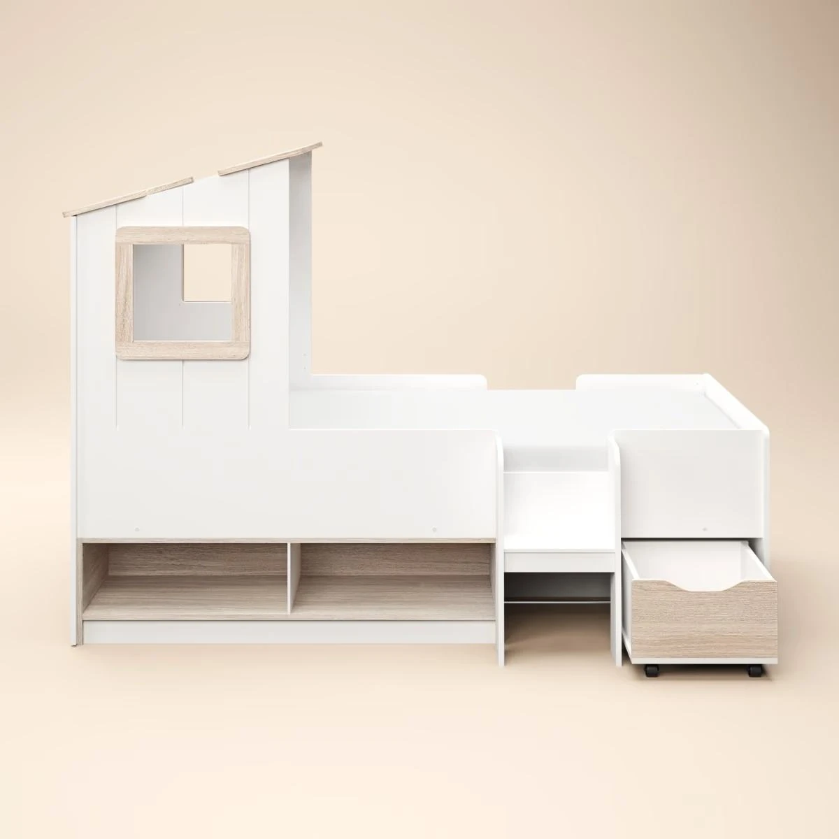 Modern Kids Cabin House Bed with Under-bed Storage Shelves & Rolling Drawer, Montessori-Inspired Mid
