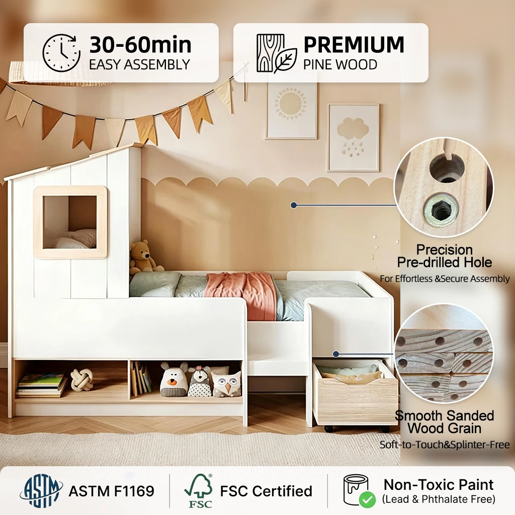 Modern Kids Cabin House Bed with Under-bed Storage Shelves & Rolling Drawer, Montessori-Inspired Mid